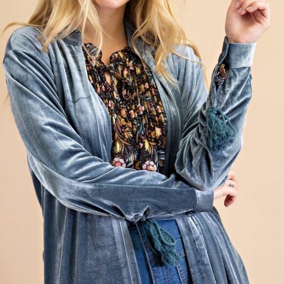 Dark Teal Velvet Boho Lace Up Tassel Sleeve Belted Open Cardigan Jacket - Picture 5 of 16
